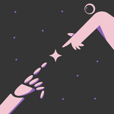 An astronaut against a background of stars reaches for a robot stream against a background of stars and the planet Saturn. Travel in space. Flat vector illustration.のイラスト素材