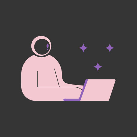 Cute An astronaut works online at a computer against a background of stars. Flat vector...