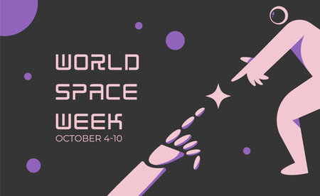 World Space Week. October 4-10. An astronaut collaborates with a robot in exploring space. Flat vector illustration. Banner for the web.のイラスト素材