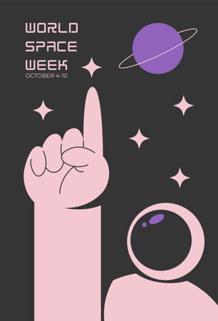 World Space Week. Astronaut against the background of Saturn and stars. Flat vector illustration. Banner for the web.のイラスト素材