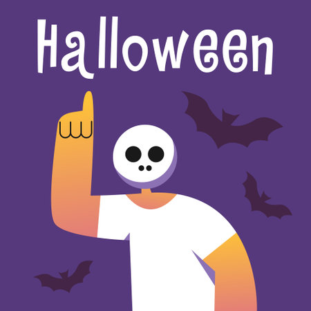 Halloween 2023 celebration concept. Guy with skull mask points to text. Scary atmosphere with bat silhouettes background. Flat vector illustration in cartoon style.のイラスト素材