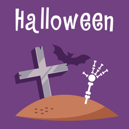 Halloween 2023 celebration concept. A skeleton hand comes out of a tomb. Scary atmosphere with bat silhouette. Flat vector illustration in cartoon style.のイラスト素材
