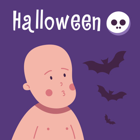 Halloween 2023 celebration concept. Frightened child on background with text. Scary atmosphere with bat silhouettes background. Flat vector illustration in cartoon style.のイラスト素材
