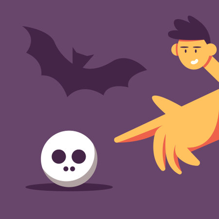 A boy points his finger at a skull on a dark purple background with a silhouette of a bat. Flat vector illustration in cartoon style. Halloween 2023 celebration concept.のイラスト素材