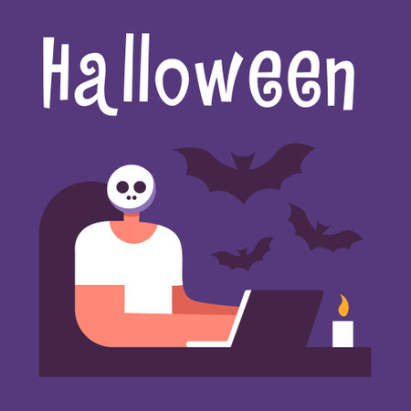 Halloween 2023 celebration concept. IT guy working at a computer wearing a skull mask. Scary atmosphere with bat silhouette. Flat vector illustration in cartoon style.のイラスト素材