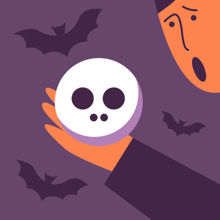 Halloween 2023 celebration concept. Scared guy holding a skull in his hand. Scary atmosphere with bat silhouette. Flat vector illustration in cartoon style.のイラスト素材