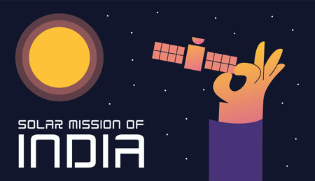 The rocket spaceship is heading towards Aditya. A hand holds a satellite against a background of stars in space. Satellite going towards the Sun. Indian space mission. Flat vectorのイラスト素材
