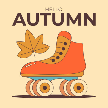 Cute vintage roller skate on the background of a falling autumn leaf. Flat vector illustration of banner with text Hello Autumn. Autumn sports.のイラスト素材