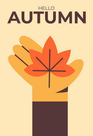 A man's hand holds a fallen orange autumn leaf. Flat vector illustration of banner with text Hello Autumn. Autumn nature.のイラスト素材