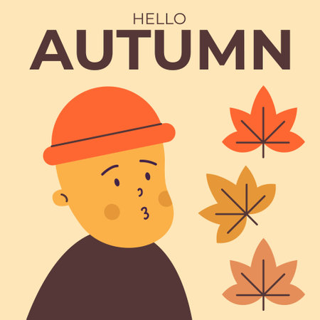 A cute child in an autumn hat looks at the falling leaves. Flat vector illustration of banner with text Hello Autumn. Autumn nature.のイラスト素材