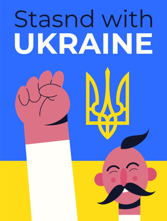 A Ukrainian Cossack holds his fist up against the background of the Ukrainian flag with the Coat of Arms of Ukraine. Flat banner vector illustration.のイラスト素材