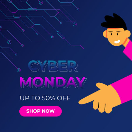 Cyber Monday. Guy points to the description. Flat vector banner illustration in cartoon style.のイラスト素材