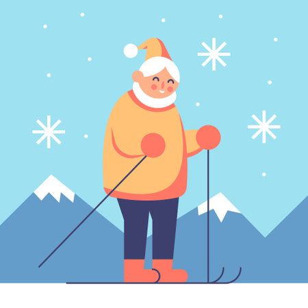 An elderly woman with a smile skis outdoors in winter. Old people go in for winter sports. Flat vector illustration.のイラスト素材