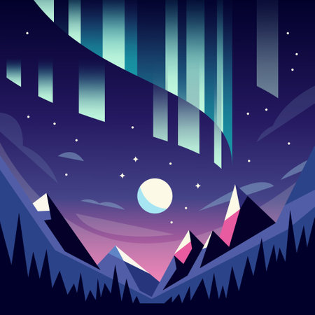 Northern lights landscape with mountains and moon. The sky is in the north. Flat vector illustration.のイラスト素材