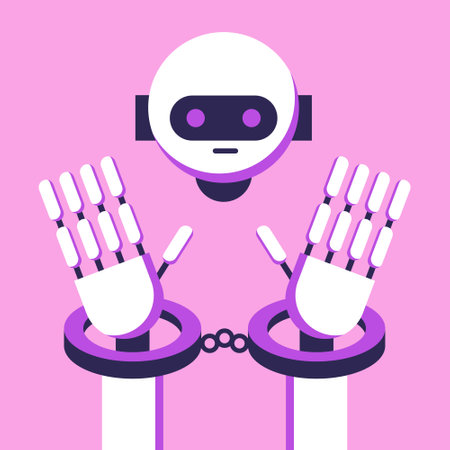 Ai Robot in handcuffs. Crimes of artificial intelligence. Ethical use of AI. Flat vector illustration.のイラスト素材
