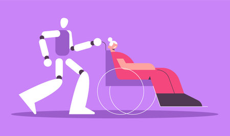 Robot Nurse with old lady. Mechanical caregiver and elderly disabled person in a wheelchair on a walk. Futuristic care for the elderly, robot assistant for the disabled.のイラスト素材