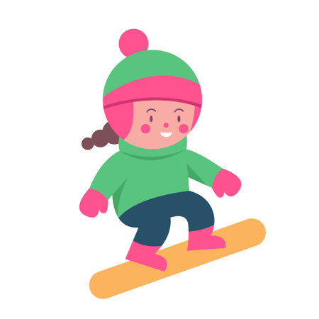 Cute girl rides a snowboard. Winter sports for children. Happy New Year 2024. Happy holidays. Flat vector illustration in cartoon style isolated on white background.のイラスト素材