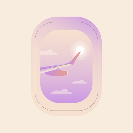 Airplane wing in the window. Winter trip. A picture of the sky in soft colors. Gradient sunset, view from the window. Flat vector illustration.のイラスト素材
