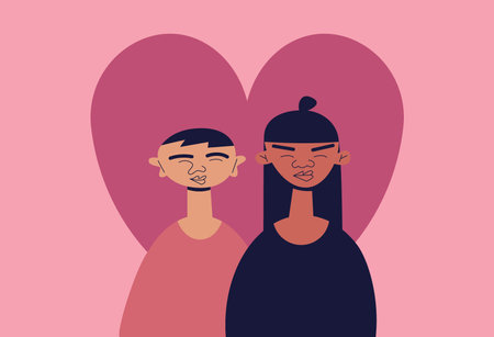 Valentine's Day celebration. Couple of a guy and a girl in love against the background of a heart. Flat vector illustration.のイラスト素材