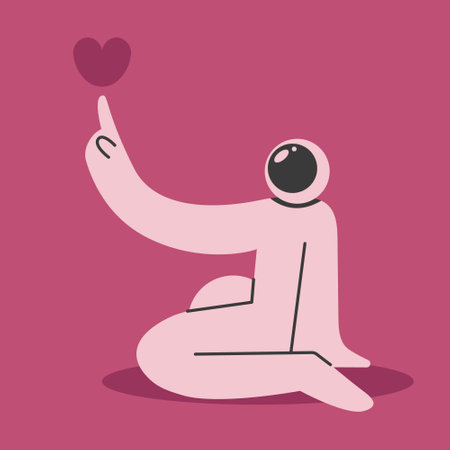 Astronaut congratulates you on Valentine's Day. Romantic greeting card with heart and astronaut. Flat vector illustration.のイラスト素材