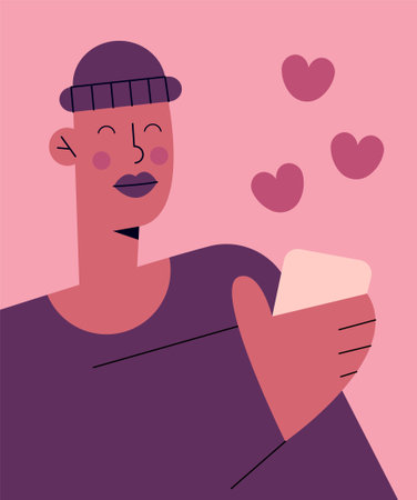 Valentine's Day. Man sending love messages. Abstract concept of finding love. Flat vector illustration.のイラスト素材