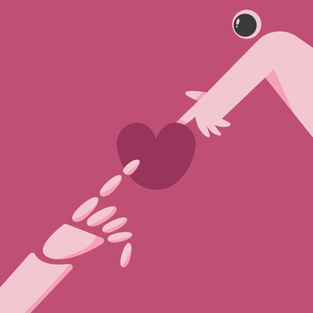 Astronaut and AI robot congratulate you on Valentine's Day. Romantic greeting card with a robot, heart and an astronaut. Flat vector illustration.のイラスト素材