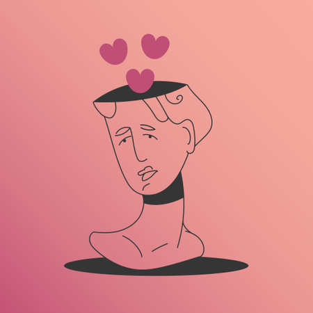Happy Valentine's Day. Abstract interpretation of falling in love. Statue with hearts from the head. Flat vector illustration.のイラスト素材