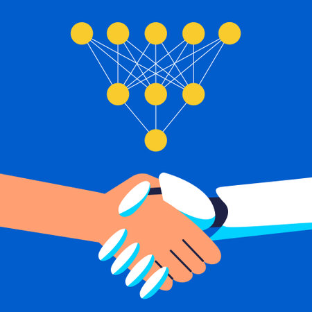 Feedforward artificial neural network. Robot-human collaboration. Machine learning. Flat vector illustrationのイラスト素材