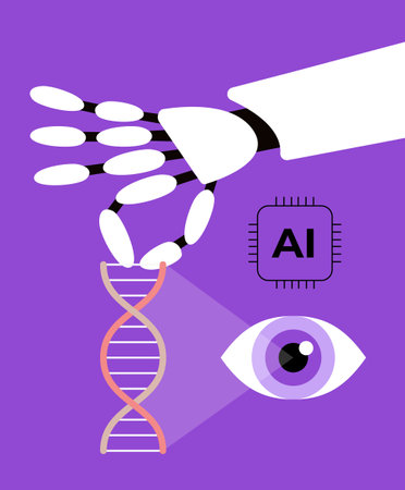 Experiment with DNA with AI Vision. Manipulation of Genes. Genetic Engineering. Flat vector illustration.のイラスト素材