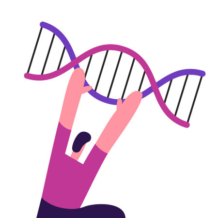 Man holds DNA spirals. Manipulation of Genes. Genetic Engineering. Experiment with DNA. Flat vector illustration.のイラスト素材