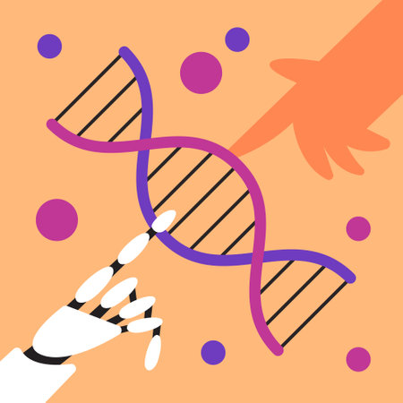 Experiment with DNA with AI Robot and Human. Manipulation of Genes. Genetic Engineering. Flat vector illustration.のイラスト素材