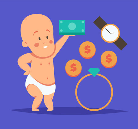 Sell and buy at Pawnshop. Child in a diaper exchanges jewelry for money. Flat vector illustration.のイラスト素材