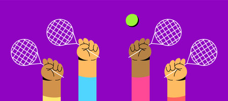 People of different nationalities play tennis. Group of people goes in for sports. Flat vector illustration.のイラスト素材