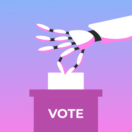 AI in elections. Robot with Artificial Intelligence puts a belote into the voting box. Flat vector illustration.のイラスト素材
