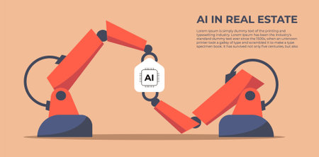 Virtual reality in real estate. Two robotic arms create a smart home. Flat vector illustration.のイラスト素材