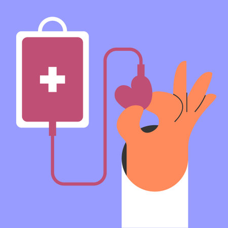 Blood Donor Day. Blood donation with doctor. Mutual Support. Donate blood, save a life. June 14. World Blood Donor Day. Background, poster, banner, flyer. Flat vector illustration.のイラスト素材