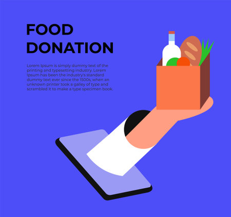 Bringing groceries to food bank online. Donation box with food. Awareness and charity app concept. Background, poster, banner, flyer. Flat vector illustration.のイラスト素材