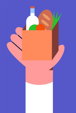 Bringing groceries to food bank online. Donation box with food in hand. Awareness and charity concept. Background, poster, banner, flyer. Flat vector illustration.のイラスト素材