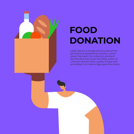 Bringing groceries to food bank. Volunteer Man holding a donation box with food. Awareness and charity concept. Flat vector illustration.のイラスト素材