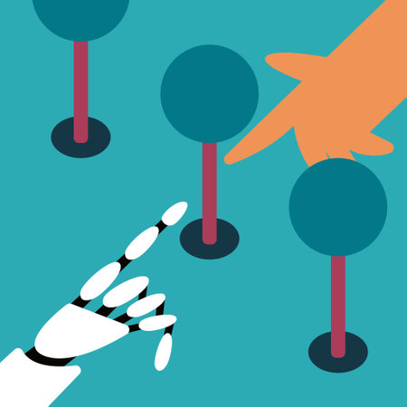 mutual support. Public yard improvements. Robot and Man plant trees and plants. Voluntary services. Flat vector illustration.のイラスト素材