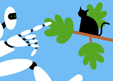 Mutual support: AI Robot Rescue a cat from a tree. Metaphor of voluntary, joint exchange of resources and services. Flat vector illustration.のイラスト素材