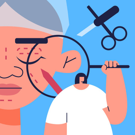 Cosmetic plastic surgery. Aesthetic surgery for girls. Surgical cosmetic procedure. Woman's face, dotted lines. Flat vector illustration.のイラスト素材