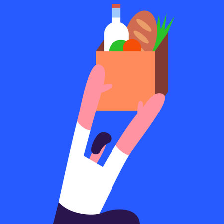 Bringing groceries to food bank. Volunteer Boy holding a donation box with food. Awareness and charity concept. Flat vector illustration.のイラスト素材