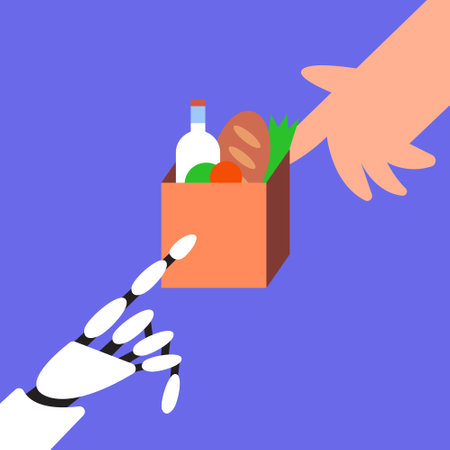 Bringing groceries to food bank. Volunteer Man give a donation box to robot. Awareness and charity concept. Background, poster, banner, flyer. Flat vector illustration.のイラスト素材