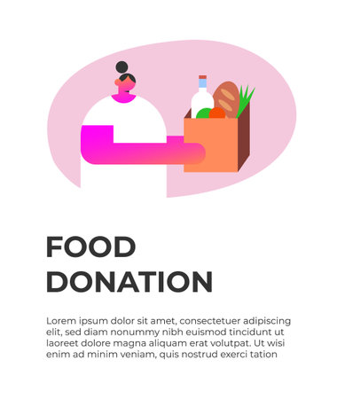 Bringing groceries to food bank. Volunteer Girl holding a donation box with food. Awareness and charity concept. Background, poster, banner, flyer. Flat vector illustration.のイラスト素材