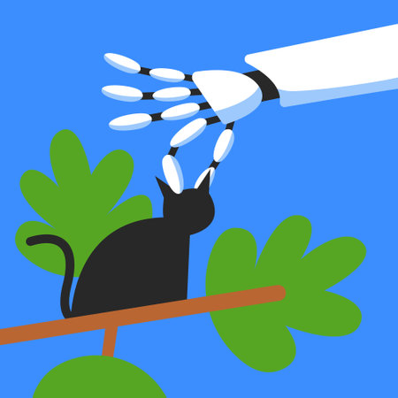 Mutual support: Rescue a cat from a tree. Metaphor of voluntary, joint exchange of resources and services. Flat vector illustration.のイラスト素材