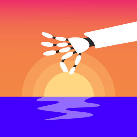 AI Robot arm tourist on vacation holds sun. Flat vector illustration.のイラスト素材