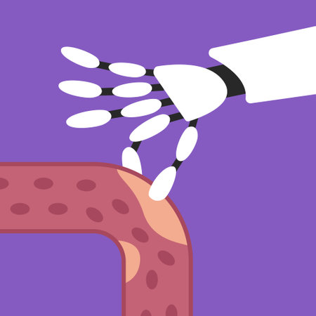 Cleansing blood vessels and veins from cholesterol and blood clots. AI Doctor robot arm clean a blood artery. Flat vector illustration.のイラスト素材
