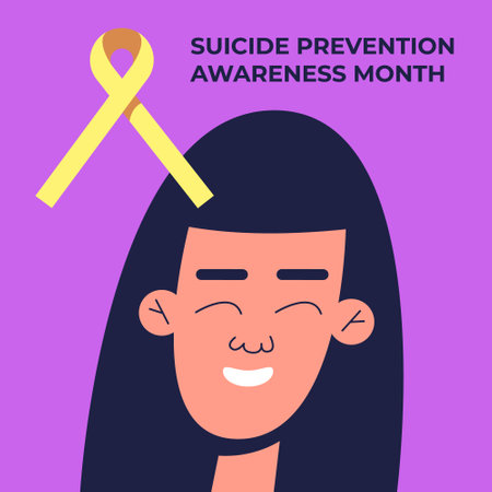 Suicide Prevention Month. Yellow September with girl. Yellow ribbon. World Suicide Prevention Day. 10 September. Flat vector illustration.のイラスト素材