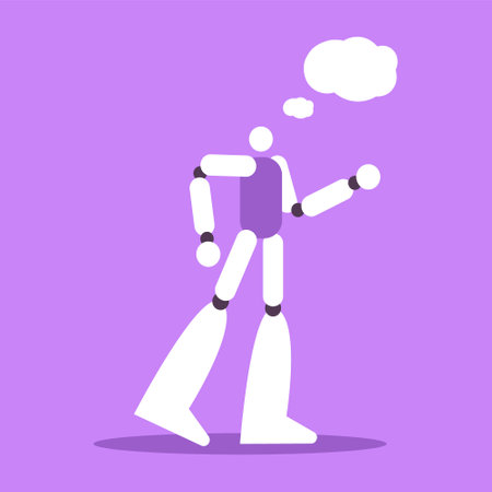 Happy dreamy AI Robot. Cyborg looks to the side with excited interest. Bot dreams, thinks. Flat vector illustration.のイラスト素材